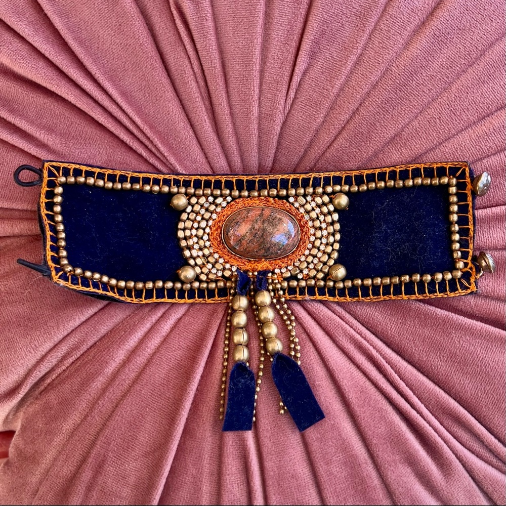 Free People Navy Blue Velvet Beaded Statement Bracelet